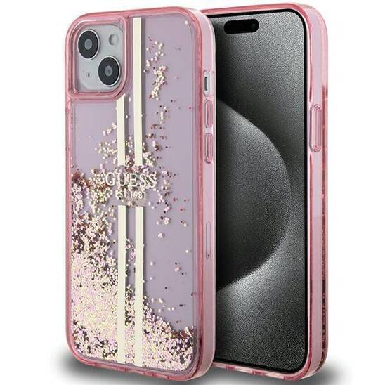 Original Case IPHONE 13 / 14 / 15 Guess Hardcase Liquid Glitter Gold Stripes (GUHCP15SLFCSEGP) pink