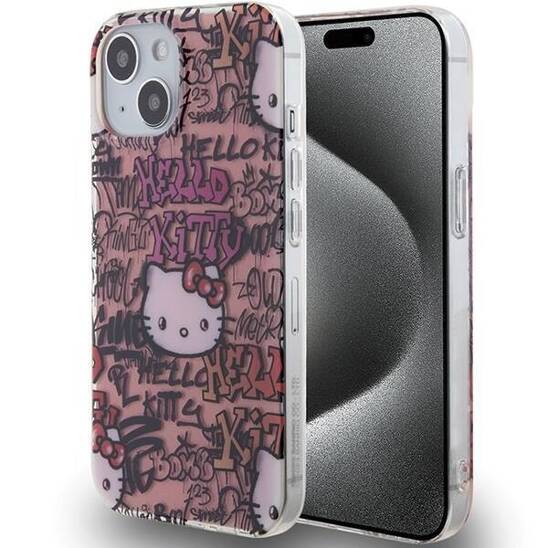 Original Case IPHONE 13 / 14 / 15 Hello Kitty Hardcase IML Tags Graffiti (HKHCP15SHDGPTP) pink