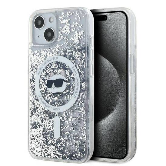 Original Case IPHONE 13 / 14 / 15 Karl Lagerfeld Hardcase Liquid Glitter Choupette Head MagSafe (KLHMP14SLGCHSGH) transparent