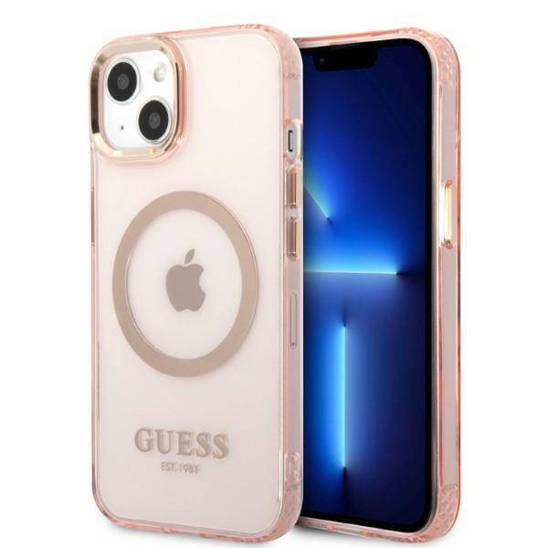 Original Case IPHONE 13 Guess Hard Case Gold Outline Translucent MagSafe (GUHMP13MHTCMP) pink