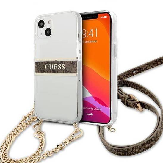 Original Case IPHONE 13 MINI Guess Hardcase 4G Brown Strap Gold Chain (GUHCP13SKC4GBGO) transparent