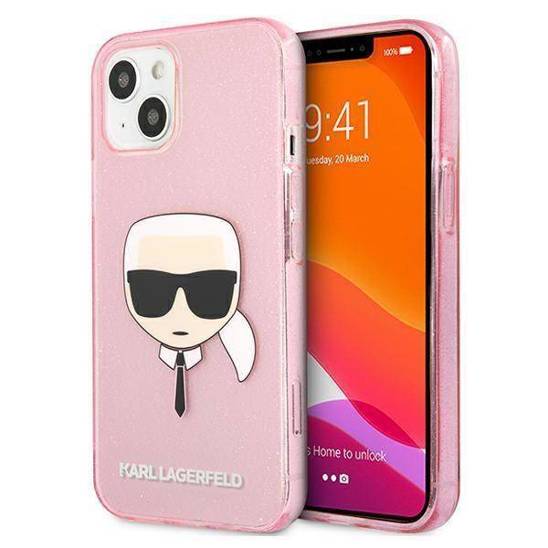 Original Case IPHONE 13 MINI Karl Lagerfeld Hardcase Glitter Karl`s Head (KLHCP13SKHTUGLP) pink