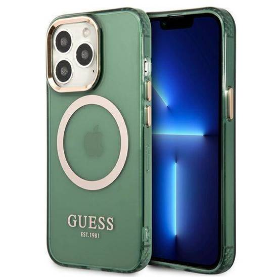 Original Case IPHONE 13 PRO Guess Hard Case Gold Outline Translucent MagSafe (GUHMP13LHTCMA) khaki