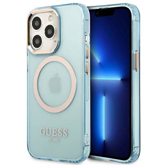 Original Case IPHONE 13 PRO Guess Hard Case Gold Outline Translucent MagSafe (GUHMP13LHTCMB) blue