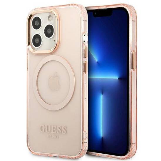 Original Case IPHONE 13 PRO Guess Hard Case Gold Outline Translucent MagSafe (GUHMP13LHTCMP) pink