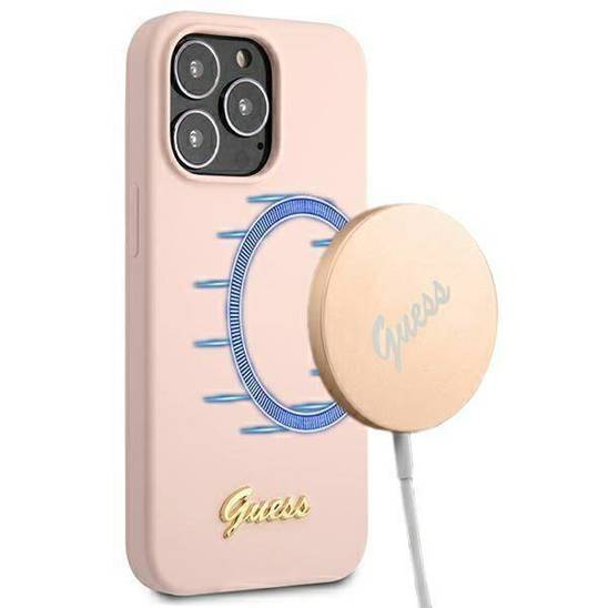 Original Case IPHONE 13 PRO Guess Hardcase Silicone Script Gold Logo Magsafe (GUHMP13LLSLMGLP) light pink