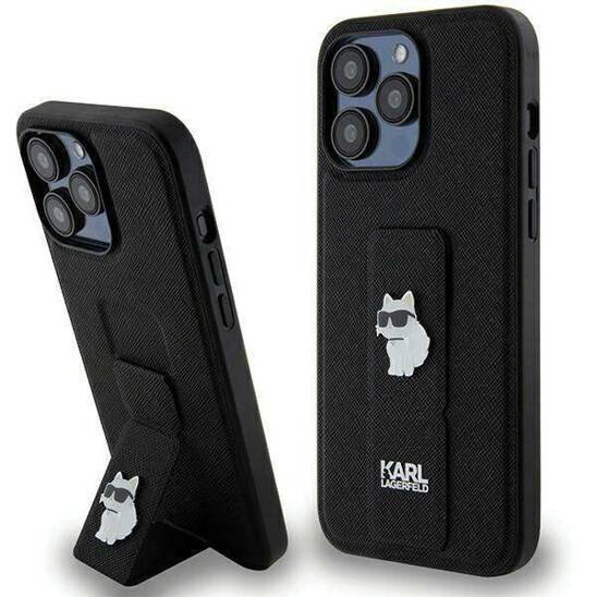 Original Case IPHONE 13 PRO Karl Lagerfeld Hardcase Gripstand Saffiano Choupette Pins (KLHCP13LGSACHPK) black