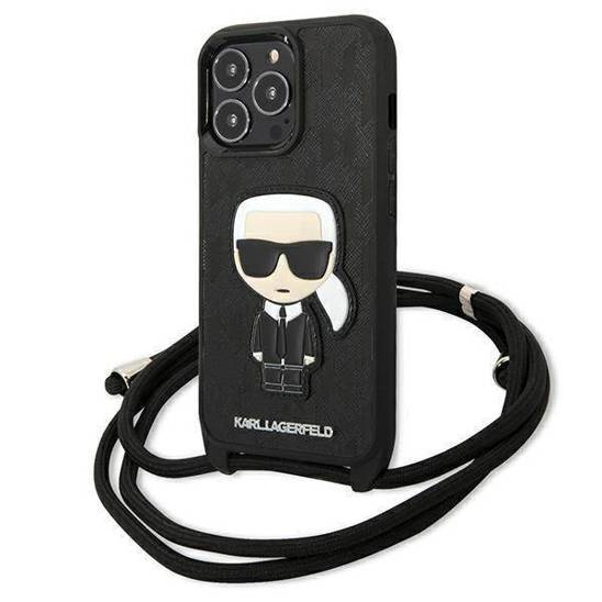 Original Case IPHONE 13 PRO Karl Lagerfeld Hardcase Leather Monogram Patch And Cord Iconik (KLHCP13LCMNIPK) black