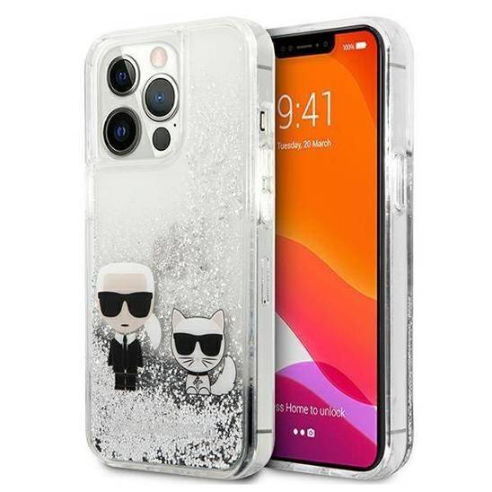 Original Case IPHONE 13 PRO Karl Lagerfeld Hardcase Liquid Glitter Karl&Choupette (KLHCP13LGKCS) silver