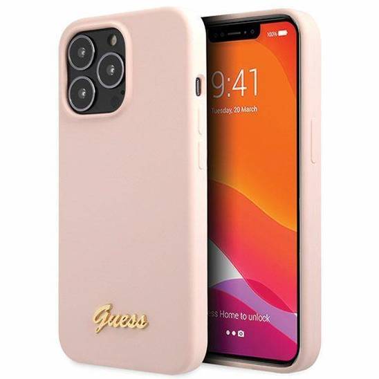 Original Case IPHONE 13 PRO MAX Guess Hardcase Silicone Script Gold Logo light pink