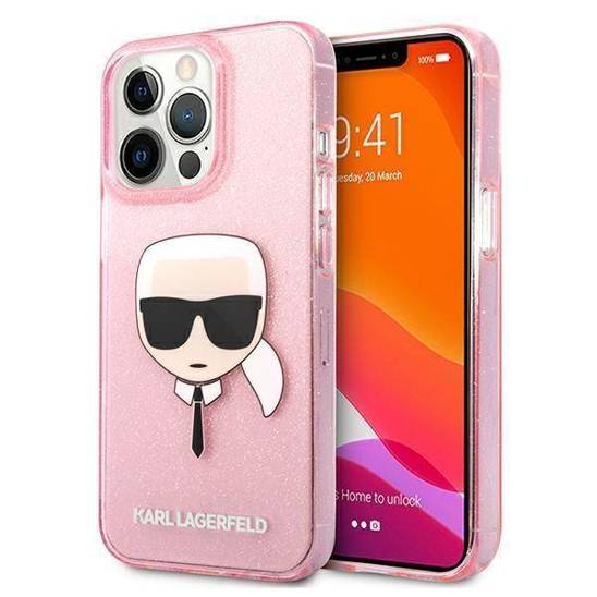 Original Case IPHONE 13 PRO MAX Karl Lagerfeld Hardcase Glitter Karl`s Head (KLHCP13XKHTUGLP) pink