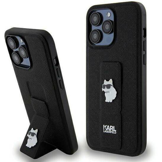 Original Case IPHONE 13 PRO MAX Karl Lagerfeld Hardcase Gripstand Saffiano Karl&Choupette Pins (KLHCP13XGSACHPK) black