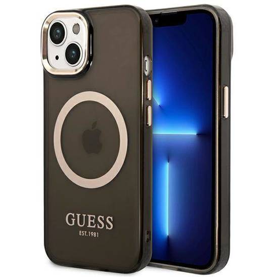 Original Case IPHONE 14 Guess Hard Case Gold Outline Translucent MagSafe (GUHMP14SHTCMK) black