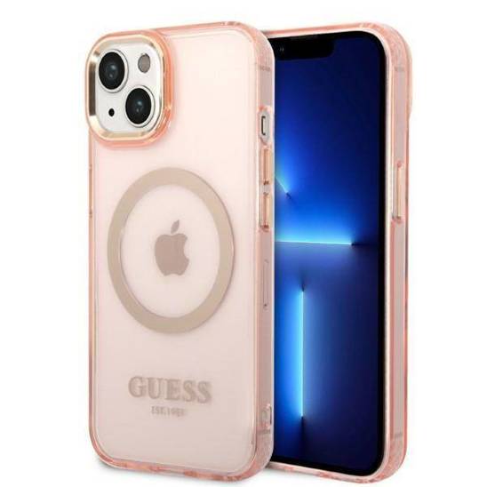 Original Case IPHONE 14 Guess Hard Case Gold Outline Translucent MagSafe (GUHMP14SHTCMP) pink