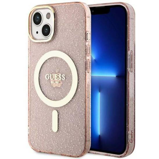 Original Case IPHONE 14 Guess Hardcase Glitter Gold MagSafe (GUHMP14SHCMCGP) pink