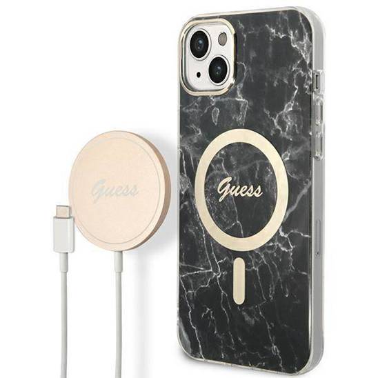 Original Case IPHONE 14 Guess Hardcase Marble MagSafe + Wireless Charger (GUBPP14MH4EACSP) black