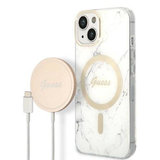 Original Case IPHONE 14 Guess Hardcase Marble MagSafe + Wireless Charger (GUBPP14SHMEACSK) white