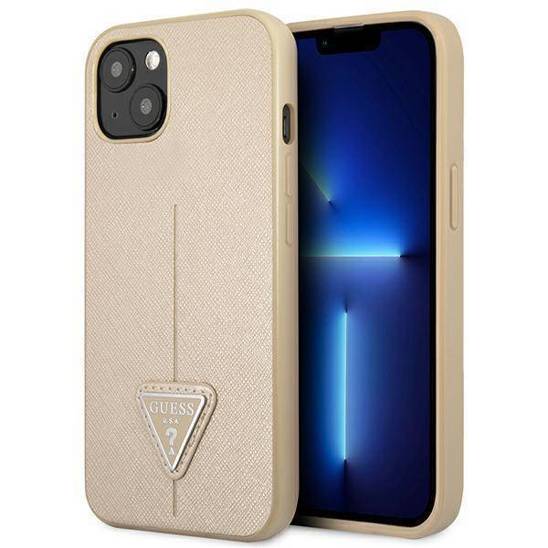 Original Case IPHONE 14 Guess Hardcase Saffianotriangle Logo (GUHCP14SPSATLE) beige