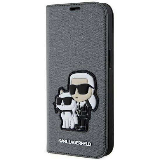 Original Case IPHONE 14 Karl Lagerfeld Bookcase Saffiano Karl & Choupette (KLBKP14SSANKCPG) silver