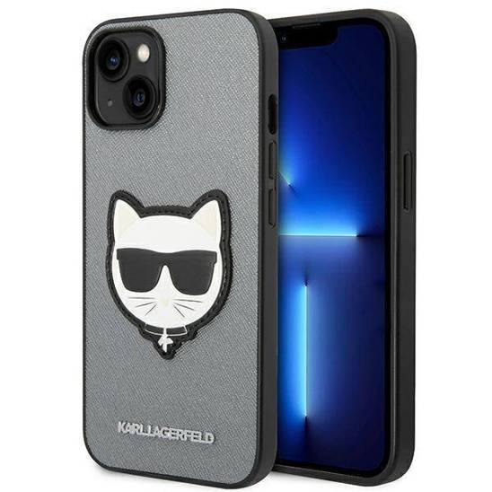 Original Case IPHONE 14 Karl Lagerfeld Hardcase Saffiano Choupette Head Patch silver