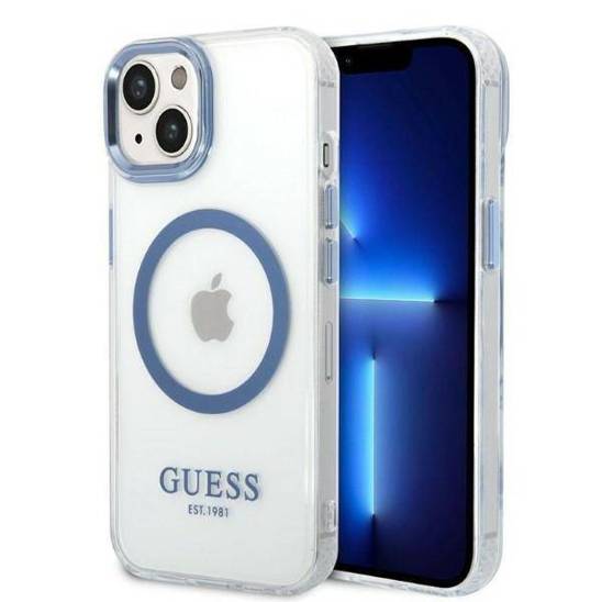 Original Case IPHONE 14 PLUS Guess Hard Case Metal Outline Magsafe (GUHMP14MHTRMB) blue