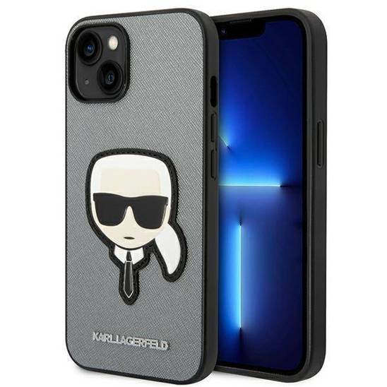 Original Case IPHONE 14 PLUS Karl Lagerfeld Hardcase Saffiano Karl`s Head Patch silver