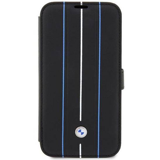 Original Case IPHONE 14 PRO BMW Bookcase Leather Stamp Blue Lines (BMBKP14L22RVSK) black
