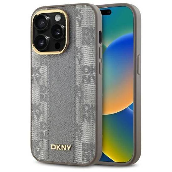 Original Case IPHONE 14 PRO DKNY Hardcase Leather Checkered Mono Pattern MagSafe (DKHMP14LPCPVSLE) beige