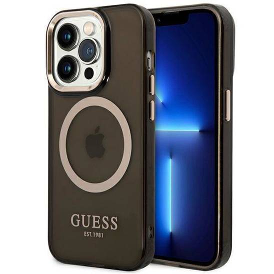 Original Case IPHONE 14 PRO Guess Hard Case Gold Outline Translucent MagSafe (GUHMP14LHTCMK) black