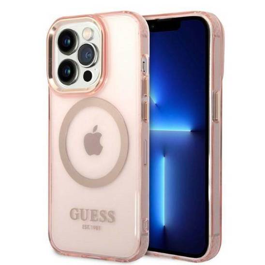 Original Case IPHONE 14 PRO Guess Hard Case Gold Outline Translucent MagSafe (GUHMP14LHTCMP) pink