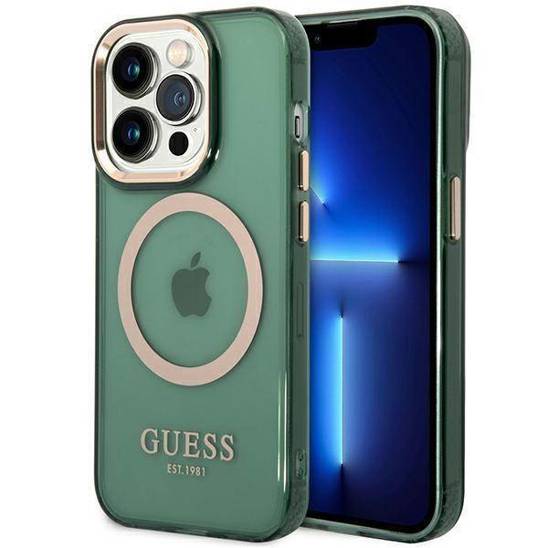 Original Case IPHONE 14 PRO Guess Hard Case Gold Outline Translucent MagSafe green