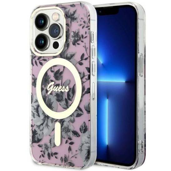 Original Case IPHONE 14 PRO Guess Hardcase Flower MagSafe (GUHMP14LHCFWSP) pink