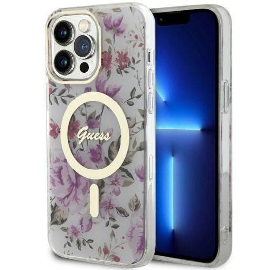 Original Case IPHONE 14 PRO Guess Hardcase Flower MagSafe (GUHMP14LHCFWST) transparent