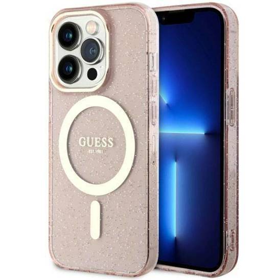 Original Case IPHONE 14 PRO Guess Hardcase Glitter Gold MagSafe (GUHMP14LHCMCGP) pink