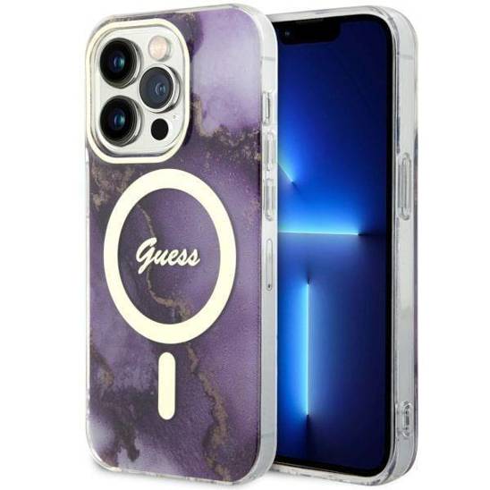 Original Case IPHONE 14 PRO Guess Hardcase Golden Marble Collection MagSafe (GUHMP14LHTMRSU) purple