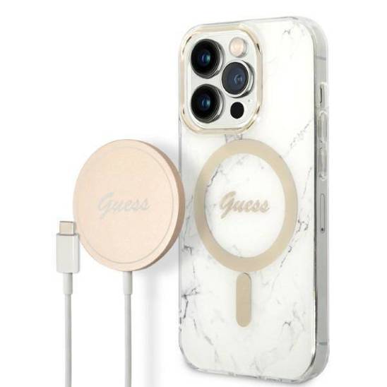 Original Case IPHONE 14 PRO Guess Hardcase Marble MagSafe + Wireless Charger (GUBPP14MHMEACSH) white