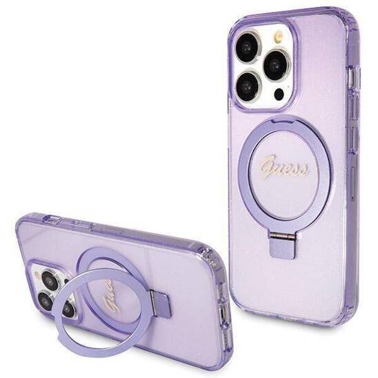 Original Case IPHONE 14 PRO Guess Hardcase Ring Stand Script Glitter MagSafe (GUHMP14LHRSGSU) purple