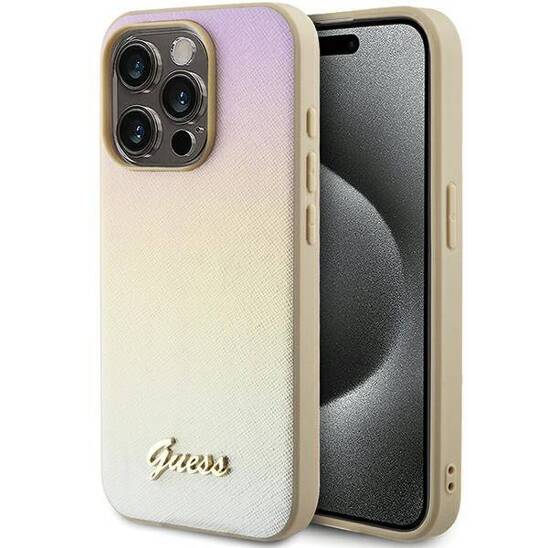 Original Case IPHONE 14 PRO Guess Hardcase Saffiano Iridescent Script (GUHCP14LPSAIRSD) gold