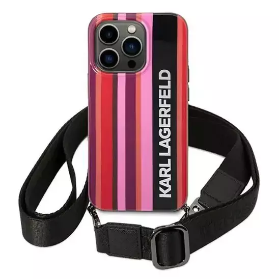 Original Case IPHONE 14 PRO Karl Lagerfeld Hardcase Color Stripes Strap pink