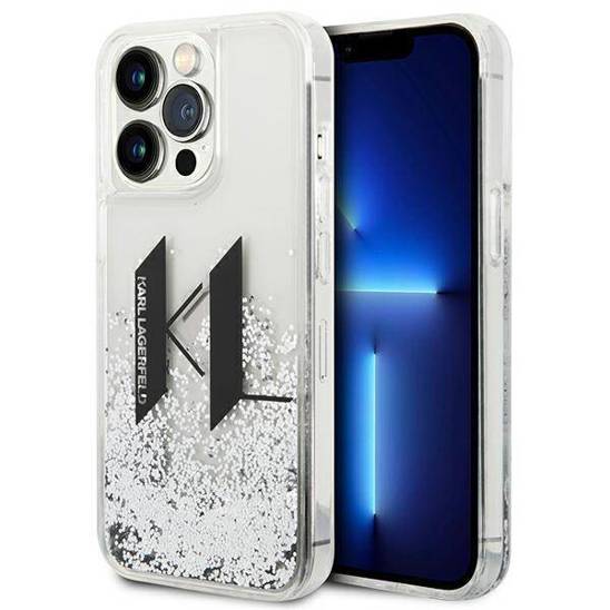 Original Case IPHONE 14 PRO Karl Lagerfeld Hardcase Liquid Glitter Big KL silver