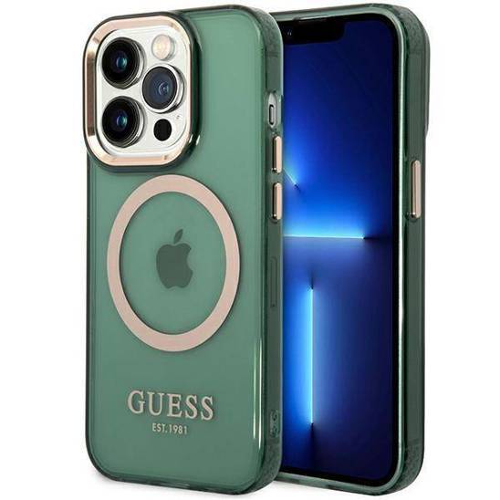 Original Case IPHONE 14 PRO MAX Guess Hard Case Gold Outline Translucent MagSafe green