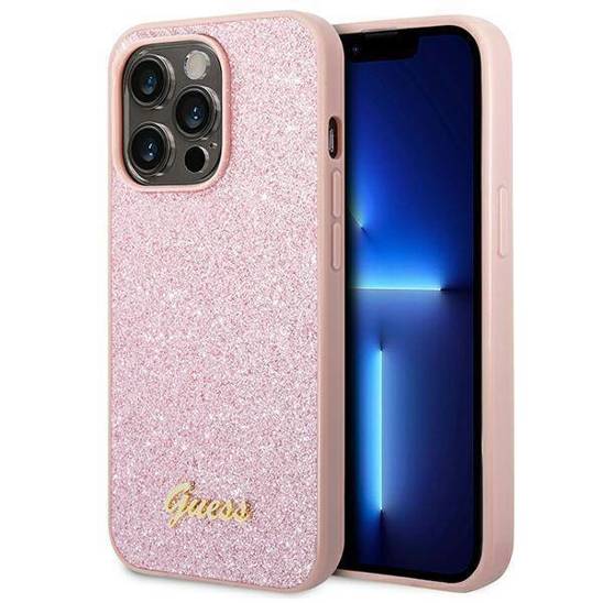 Original Case IPHONE 14 PRO MAX Guess Hard case Glitter Script pink