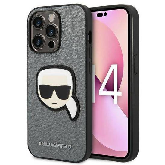 Original Case IPHONE 14 PRO MAX Karl Lagerfeld Hardcase Saffiano Karl`s Head Patch silver