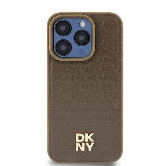 Original Case IPHONE 15 PLUS / 14 PLUS DKNY Hardcase Leather Pattern Metal Logo MagSafe (DKHMP15MPSHRPSW) brown