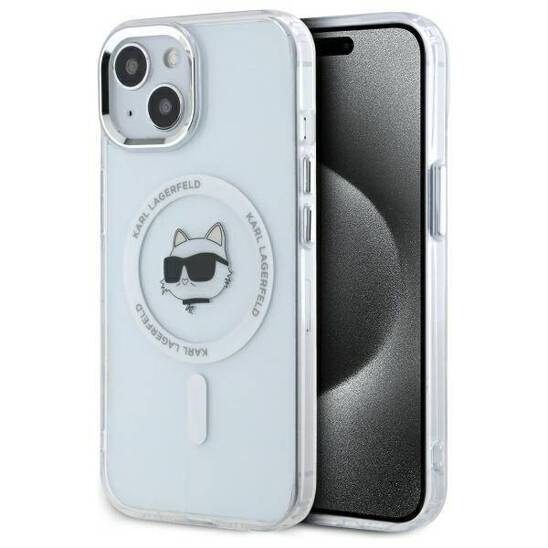 Original Case IPHONE 15 PLUS Karl Lagerfeld Hardcase IML Metal Choupette Head MagSafe (KLHMP15MHLSCHH) white