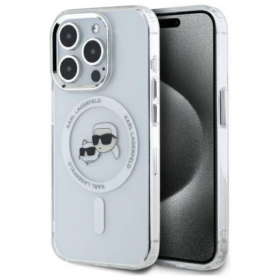 Original Case IPHONE 15 PRO Karl Lagerfeld Hardcase IML Metal Karl&Choupette Head MagSafe (KLHMP15LHLSKCH) white