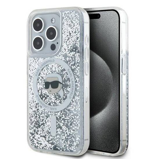 Original Case IPHONE 15 PRO Karl Lagerfeld Hardcase Liquid Glitter Choupette Head MagSafe (KLHMP15LLGKISGH) transparent