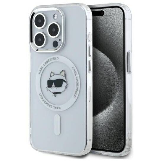 Original Case IPHONE 15 PRO MAX Karl Lagerfeld Hardcase IML Metal Choupette Head MagSafe (KLHMP15XHLSCHH) white