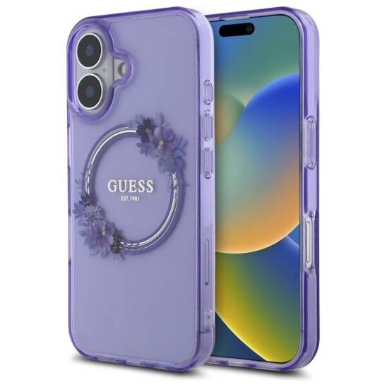 Original Case IPHONE 16 Guess Hardcase IML Flowers Wreath MagSafe (GUHMP16SHFWFCU) purple