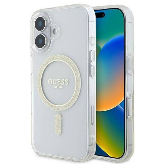 Original Case IPHONE 16 Guess Hardcase IML Glitter Circle MagSafe (GUHMP16SHFGERET) transparent